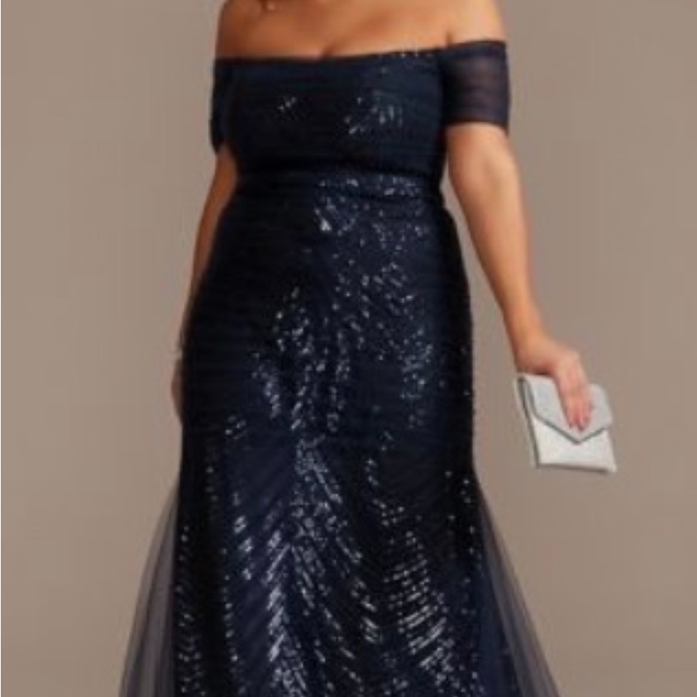 David’s bridal navy blue mermaid, formal dress